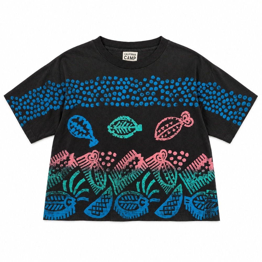 Vtg 90s Thrashed California Camp Tee Black Neon Fish Block Print Boho Hippie XL